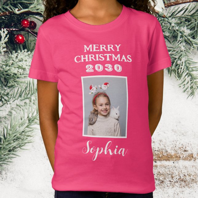 Camiseta Feliz Nome De Natal E Fotografias De Rosa (Christmas Photo - Girls Dark Pink T.Shirt)