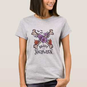 Camiseta Feliz Ossos do Halloween e Flores Pumpkins