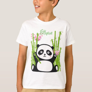 Camiseta Feliz Panda com Bamboo e Flor de Cereja