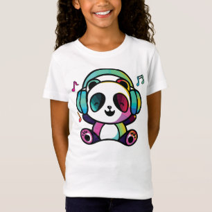 Camiseta Feliz Panda com fones de ouvido ouvindo música.