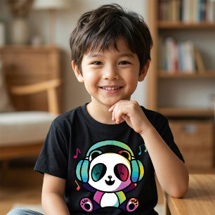 Camiseta Feliz Panda com fones de ouvido ouvindo música.
