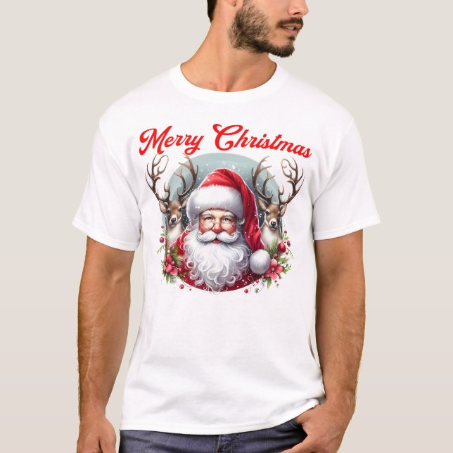 Camiseta Feliz Papai noel de Natal com Reindeer (Frente)