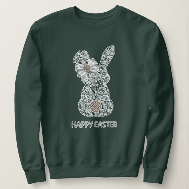 Camiseta Feliz Páscoa Coelho de Renda Orelhas de Renda Laço (Frente do Design)