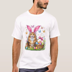 Camiseta Feliz Páscoa Coelho Fofo Gato Maine Coon Ovos de P