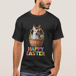 Camiseta Feliz Páscoa Corgi Fofa Desenho de Cesta Divertido