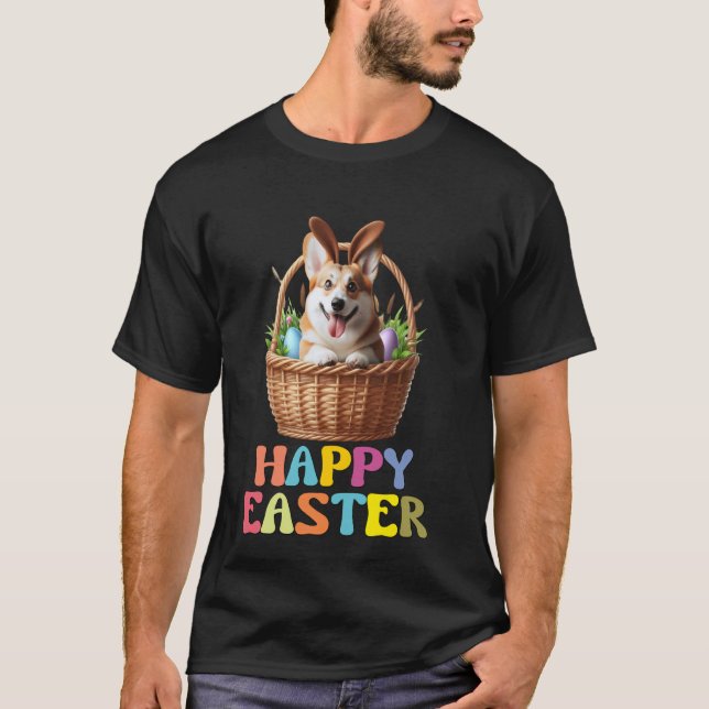 Camiseta Feliz Páscoa Corgi Fofo Design de Cesta Divertido (Frente)