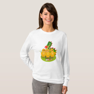Camiseta Feliz Páscoa de três pintinhos e Dragão de Mons