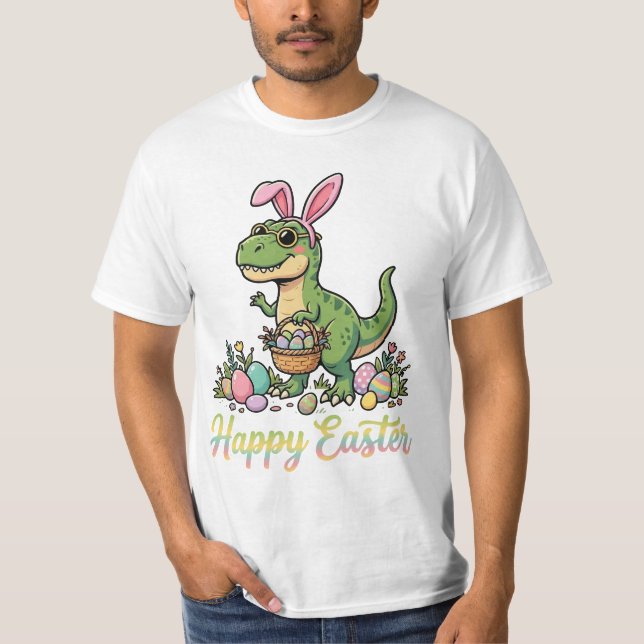 Camiseta Feliz Páscoa Dinossauro Coelho Dino Fofo  (Frente)