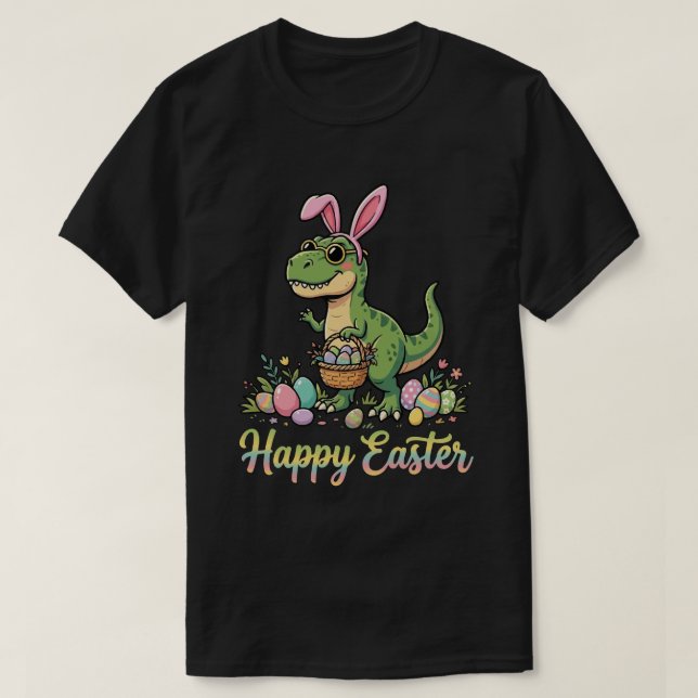 Camiseta Feliz Páscoa Dinossauro Coelho Dino Fofo  (Frente do Design)