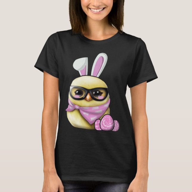 Camiseta Feliz Páscoa Frango Fofo Bunny Orelhas de Coelho P (Frente)
