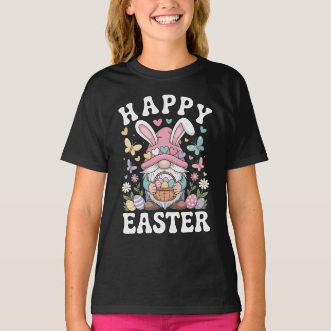 Camiseta Feliz Páscoa Gnomo Com Orelhas de Coelho Ovos Colo (Frente)