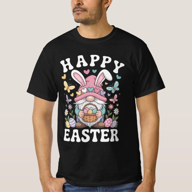 Camiseta Feliz Páscoa Gnomo Com Orelhas de Coelho Ovos Colo (Frente)