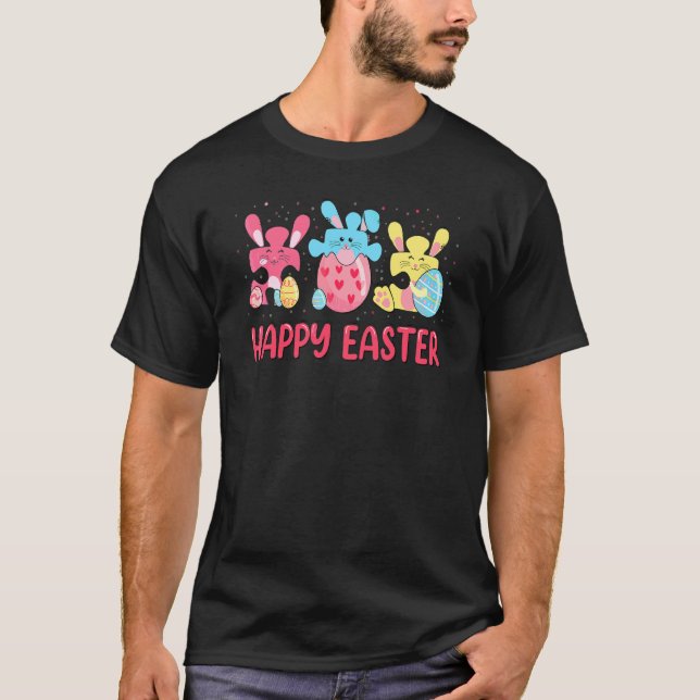 Camiseta Feliz Páscoa Peças de Quebra-Cabeça Fofas Coelho C (Frente)