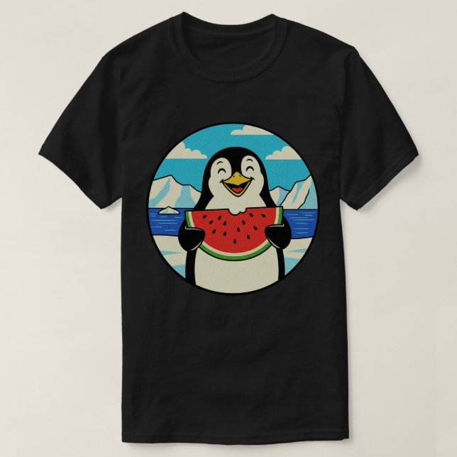 Camiseta Feliz Pinguim Comendo Melancia - Víblias de Verão (Frente do Design)
