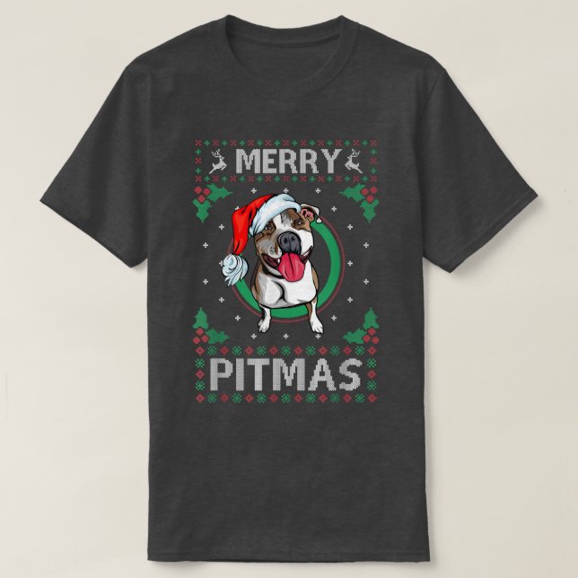 Camiseta Feliz Pitmas Pitbull Papai Noel Cão Feio Natal (Frente do Design)