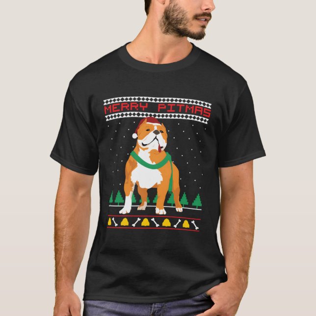 Camiseta Feliz Pitmas Pitbull Papai Noel Cão Feio Natal (Frente)