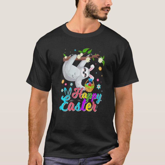 Camiseta Feliz Preguiça Fofa Com Ovos de Páscoa Caçando Coe (Frente)