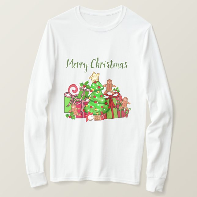 Camiseta Feliz Presente De Natal Em Torno Da Árvore (Frente do Design)