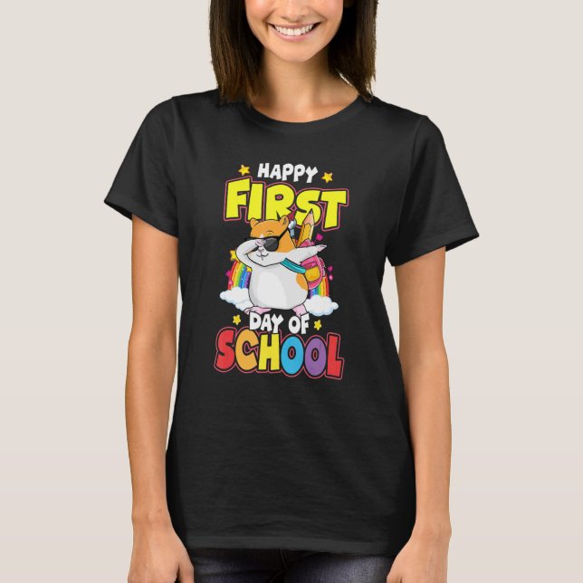 Camiseta Feliz Primeiro Dia Da Escola Dabbing Hamster de vo (Frente)