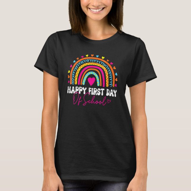 Camiseta Feliz Primeiro Dia Da Escola Rainbow Bem-Vindo De  (Frente)