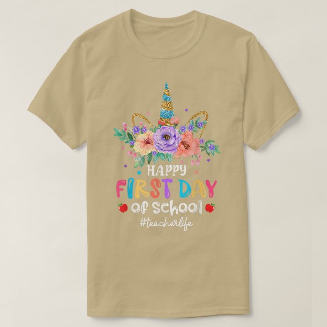 Camiseta Feliz Primeiro Dia Da Faculdade Unicórnio Professo (Frente do Design)