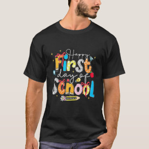 Camiseta Feliz Primeiro Dia de Aula Laço Coquete Pré-K Ensi