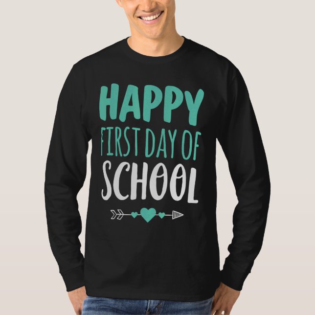 Camiseta Feliz Primeiro Dia de Professora Estudante Seta C (Frente)
