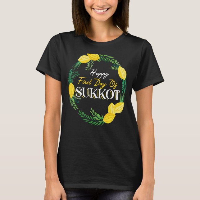Camiseta Feliz Primeiro Dia De Sukkot Lulav Palm Tree Israe (Frente)