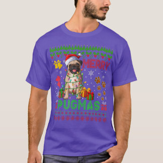 Camiseta Feliz Pugmas Luzes de Natal Papais noeis Pug Dog F