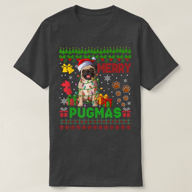 Camiseta Feliz Pugmas Luzes de Natal Papais noeis Pug Dog F (Frente do Design)