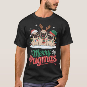Camiseta Feliz Pugmas Natal Três Rena do Papai Noel Elfo Pu