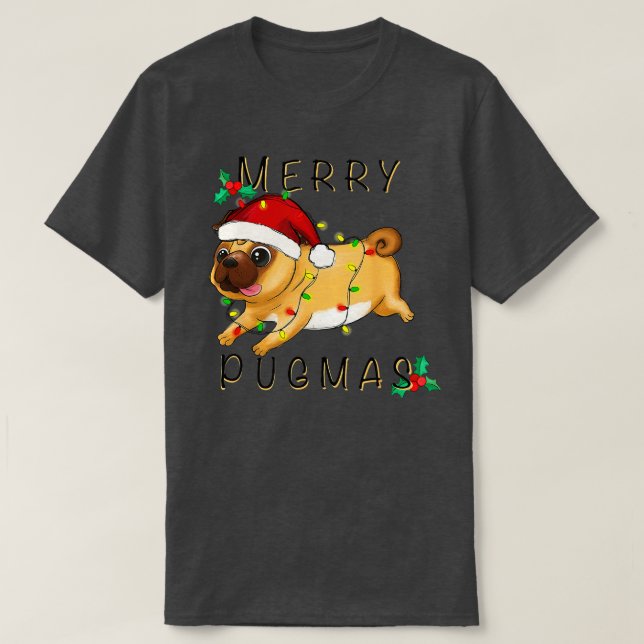 Camiseta Feliz Pugmas natalino Cute Pug Lover Girl Boy Wom (Frente do Design)