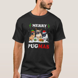 Camiseta Feliz Pugmas Papai Noel Elfo Rena Pug Cães Árvore