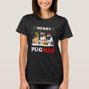 Camiseta Feliz Pugmas Papai Noel Elfo Rena Pug Cães Árvore