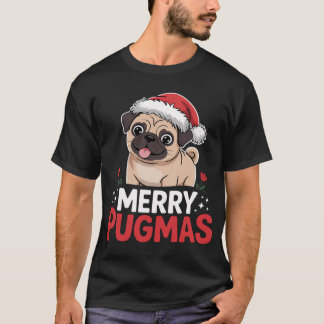 Camiseta Feliz Pugmas Pug Cachorro Chapéu de Papai Noel Nat