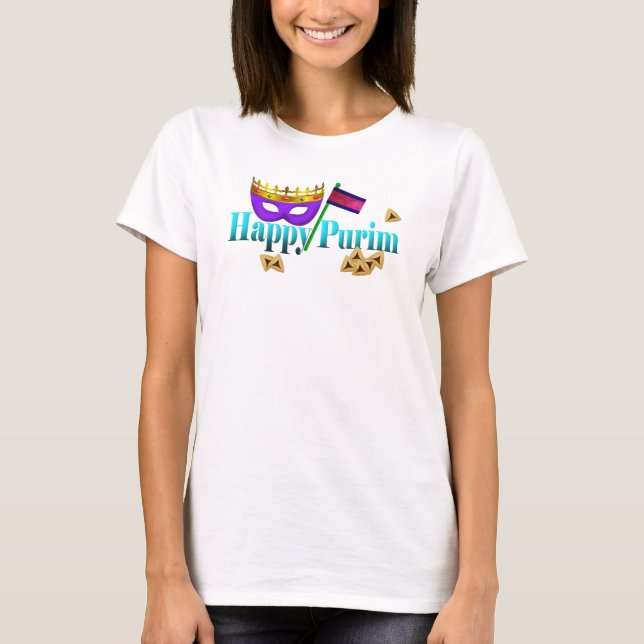 Camiseta Feliz Purim com Máscara, Gragger e Hamentaschen (Frente)