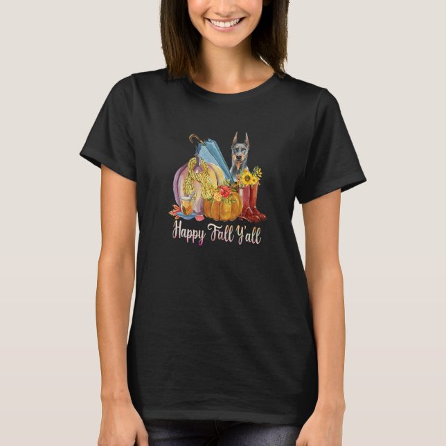 Camiseta Feliz Queda... Cachorro Doberman, mãe, abóbora. (Frente)