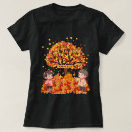 Camiseta Feliz Queda de Crianças e Folhas Sazonais