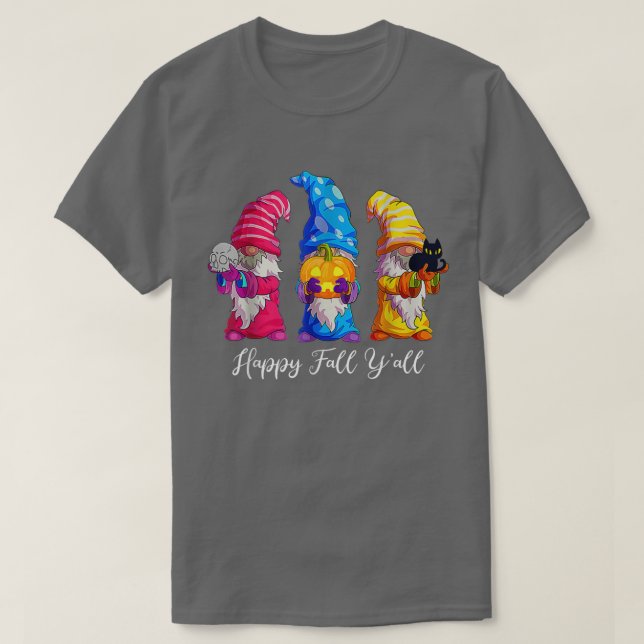 Camiseta Feliz Queda Yall Halloween Gnomos Pumpkin Autumn F (Frente do Design)