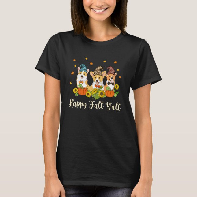 Camiseta Feliz Queda Yall Shirt Corgi Leopardo Pumpkin Hall (Frente)