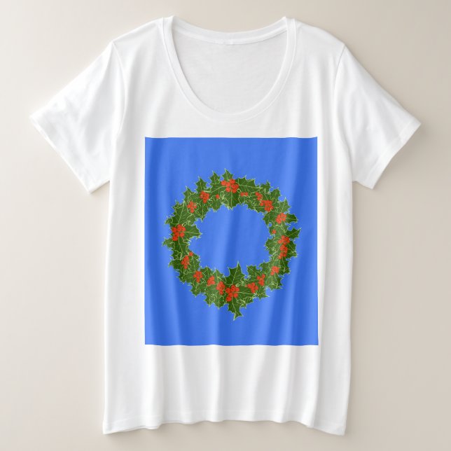 Camiseta Feliz Red Berry e Holly Wreath para o Natal (Frente do Design)