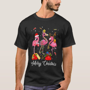 Camiseta Feliz rosa Flamingo Reindeer Santa Hat Engraçado 