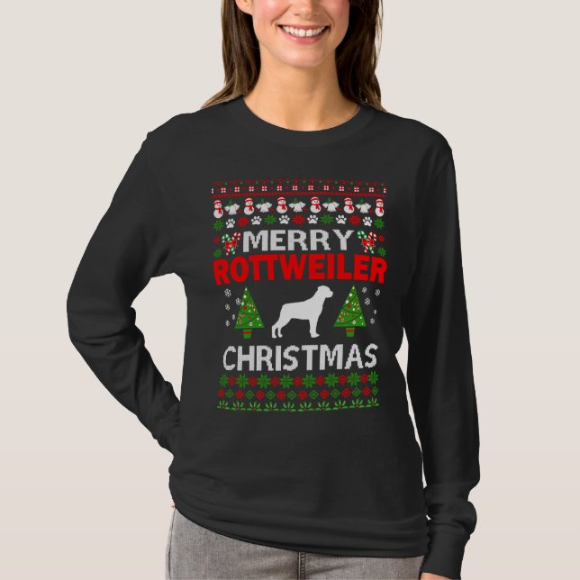 Camiseta Feliz Rottweiler Cão de Natal Feio (Frente)