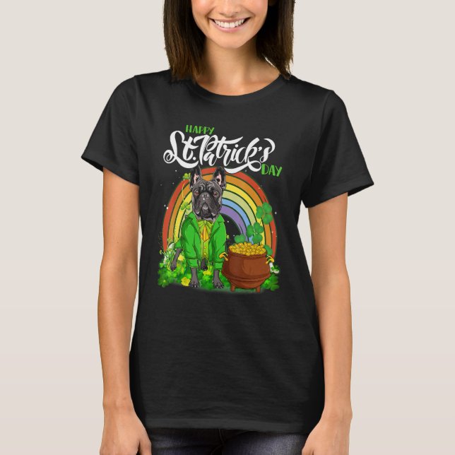Camiseta Feliz Rua de Patrick Cachorro Francês em Leprecha (Frente)