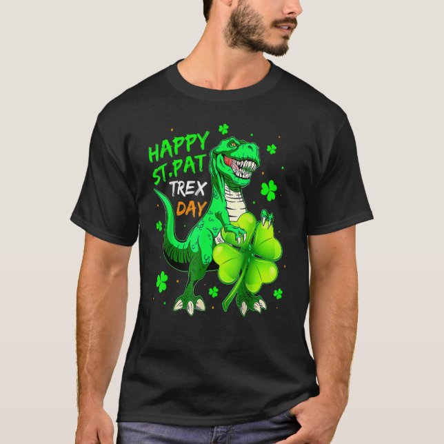 Camiseta Feliz Rua Pat Rex Dinosaur Lucky Shamrock Irish Pa (Frente)