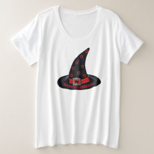 Camiseta Feliz Samhain Black Witch Hat Orange Stars Sash