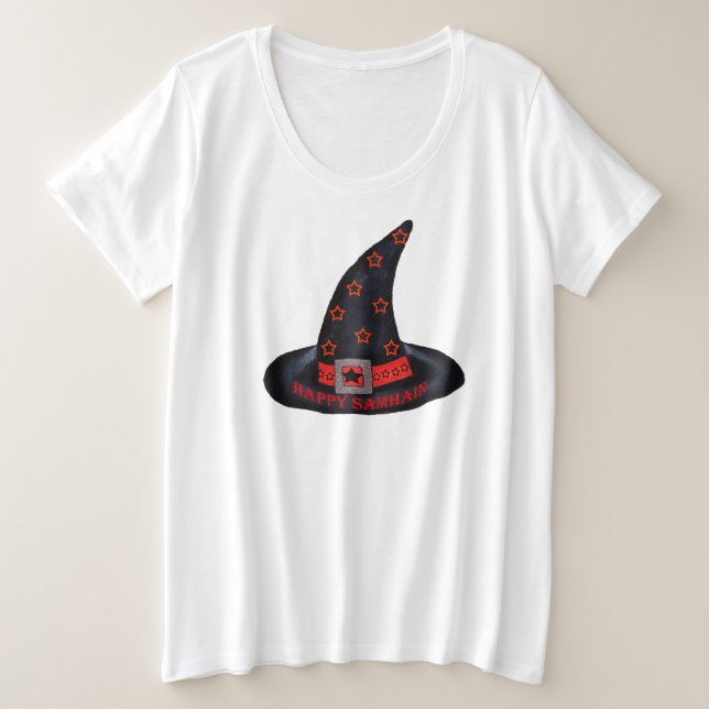 Camiseta Feliz Samhain Black Witch Hat Orange Stars Sash (Frente do Design)