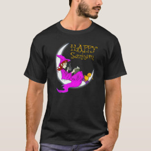 Camiseta Feliz Samhain Livros de Bruxa Roxa Café Gatos Lua