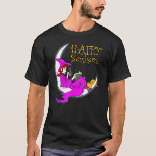 Camiseta Feliz Samhain Livros de Bruxa Roxa Café Gatos Lua