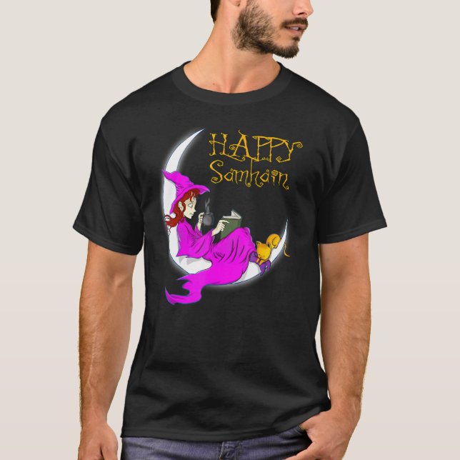 Camiseta Feliz Samhain Livros de Bruxa Roxa Café Gatos Lua  (Frente)